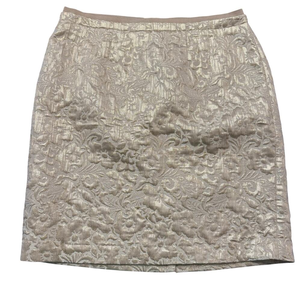 LOFT gold brocade pencil skirt, grosgrain waistband, metallic, zipper, 8